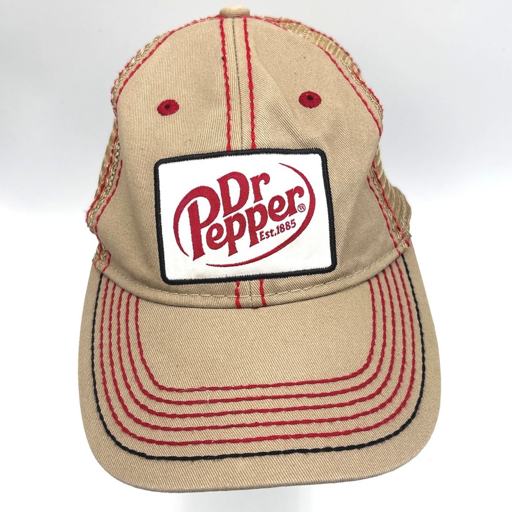 Dr Pepper Museum Trucker Hat Tan Red Contrast Stitching Snapback Mesh Cap